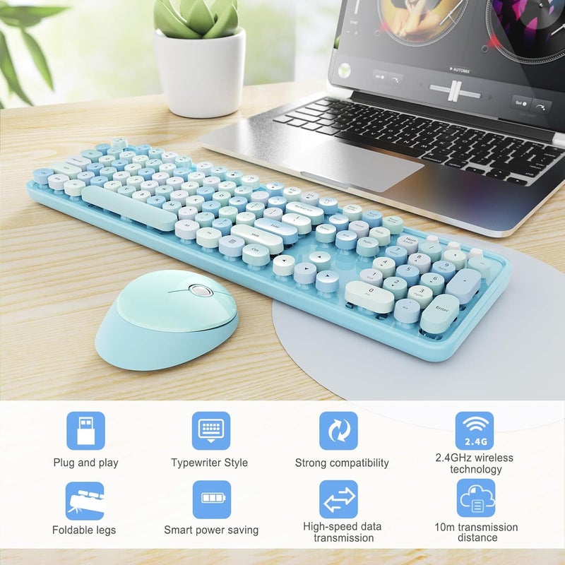 SkyGive Wireless Keyboard and Mouse Combo, Ergonomic Full Size Typewriter Retro Round Keycaps Keyboard, Compatible with Windows, PC, Perfer for Home and Office Keyboards (Blue - Image 3
